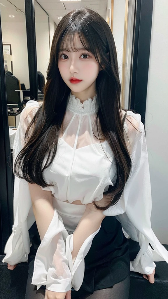 Beautiful body, Beautiful face, big breasts, long hair, transparent white blouse, black skirt, Tights.