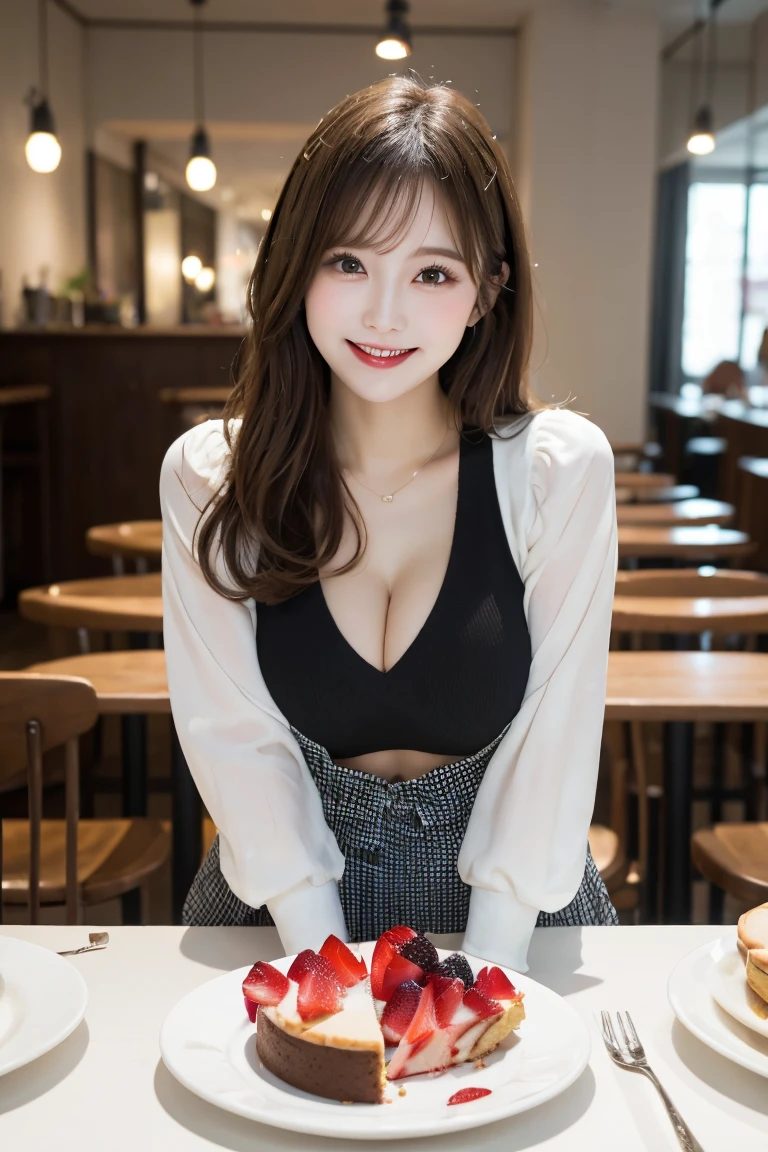 A stylish cafe that serves cakes , Highest quality, shape, Very detailed, In detail, High resolution, 8k wallpaper, Perfect dynamic composition, Beautiful details, Natural Lip, Cute outfits, Big Breasts, Cleavage, She is smiling in a cute pose.., A masterpiece of the whole body, Full Body Shot