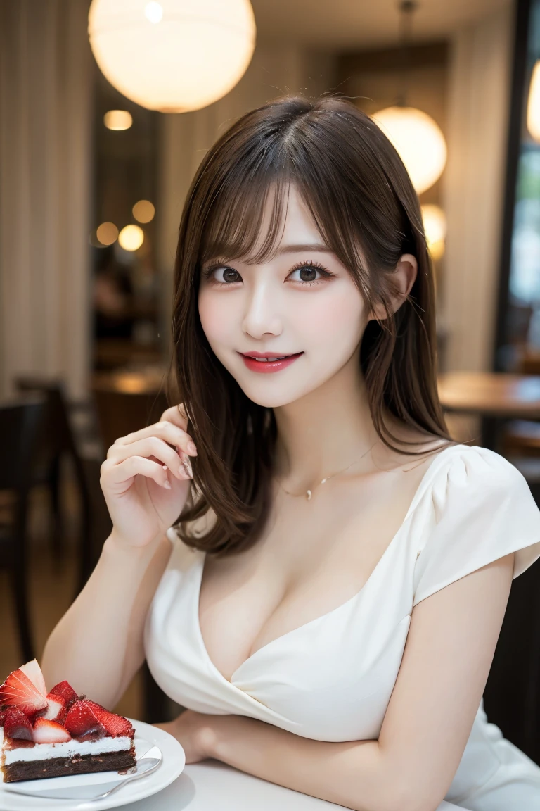 A stylish cafe that serves cakes , Highest quality, shape, Very detailed, In detail, High resolution, 8k wallpaper, Perfect dynamic composition, Beautiful details,  Natural Lip, Cute outfits, Big Breasts, Cleavage, She is smiling in a cute pose.., A masterpiece of the whole body, Full Body Shot