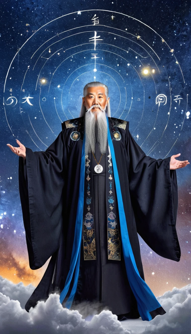 Oriental Fortune Teller，The old immortal on the top of the stars wears a tall hat，Elders，White beard and long white eyebrows，Black loose hanfu robe，Open your arms，Looking at the stars，Galaxy Tai Chi Bagua Diagram，artistic conception，large quantities of，Runes，发光Runes和星星，Dark background
