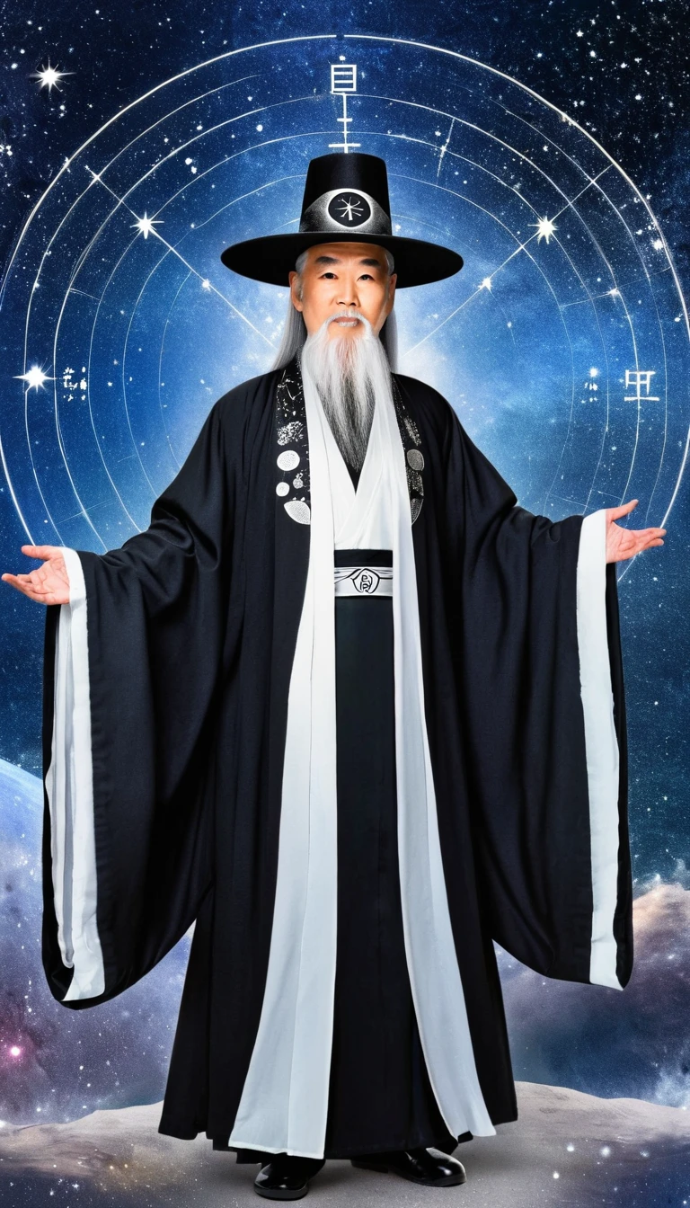 Oriental Fortune Teller，The old immortal on the top of the stars wears a tall hat，Elders，White beard and long white eyebrows，Black loose hanfu robe，Open your arms，Looking at the stars，Galaxy Tai Chi Bagua Diagram，artistic conception，large quantities of，Runes，发光Runes和星星，Dark background
