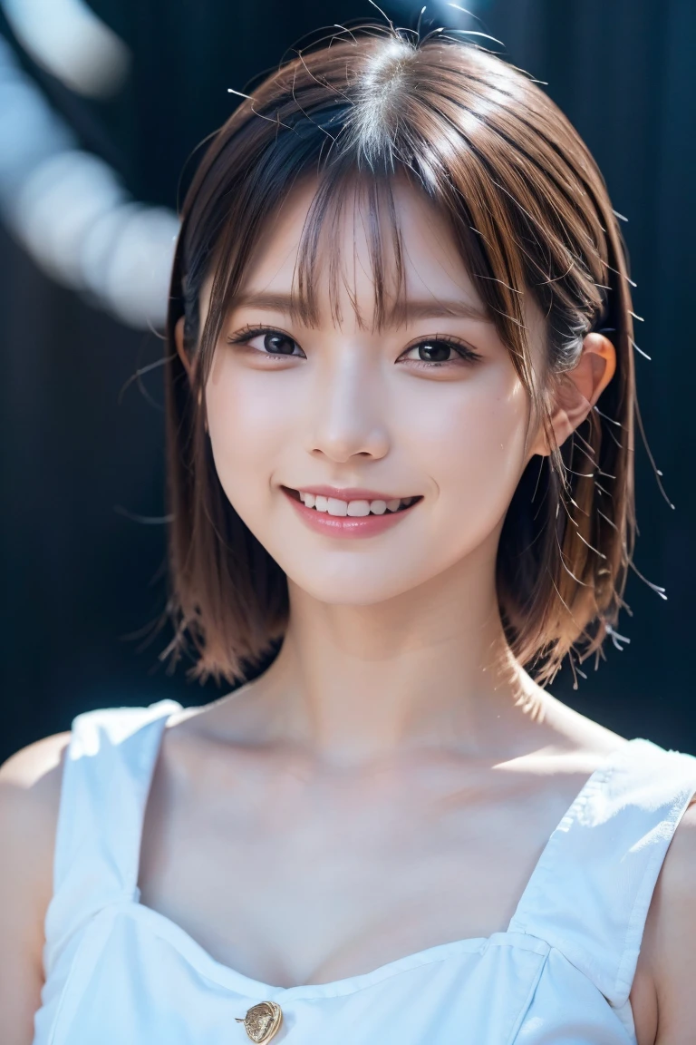 1 girl,(wearing colorful stage costume:1.2),very beautiful japanese idol portrait,close up of face,(RAW photo,best quality),(real,realistic:1.4),(masterpiece),very delicate and beautiful,very detailed,2k wallpaper,amazing,finely detailed,highly detailed CG Unity 8K wallpaper,very detailed,high resolution,soft light,beautiful detailed girl,very detailed eyes and face,beautiful refined nose,finely beautiful eyes,cinema lighting,(simple light color background:1.3),(short hair),(bob),full anatomy,slender body,small breasts,smiling
