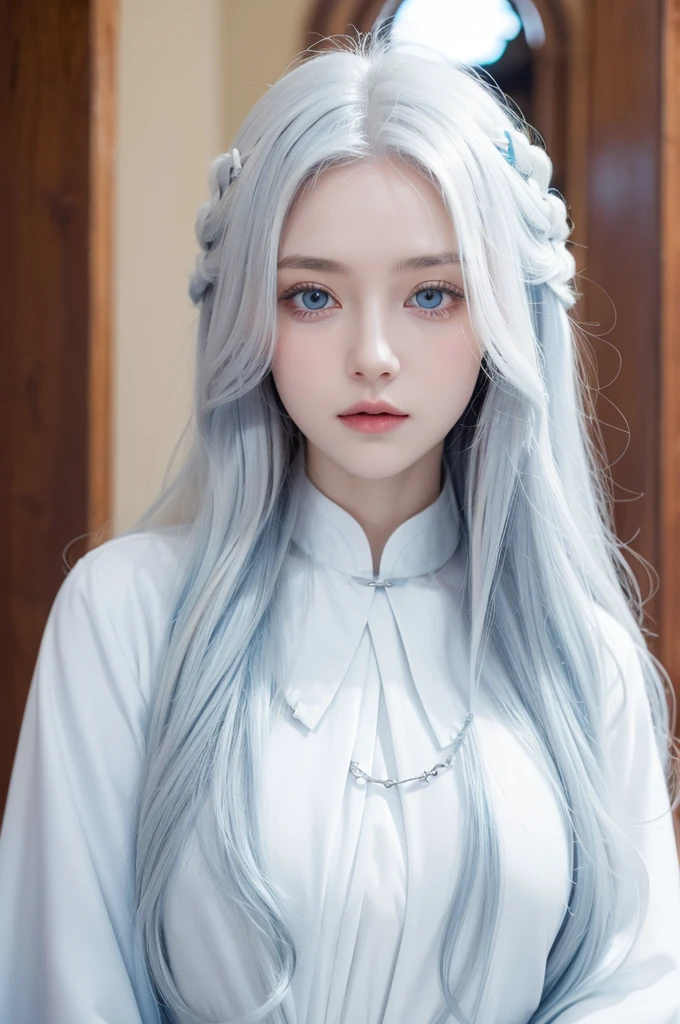 1girl,pale blue eyes,long wavy white hair,priest,white holy dress,