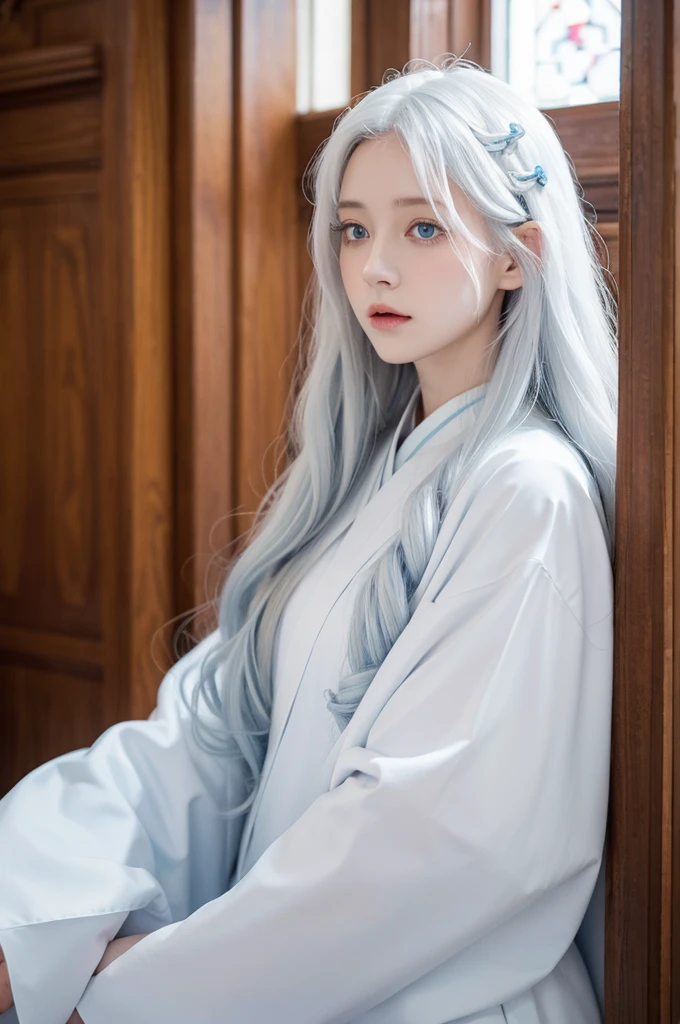 1girl,pale blue eyes,long wavy white hair,priest,white holy dress,