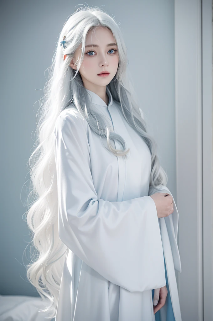 1girl,pale blue eyes,long wavy white hair,priest,white holy dress,
