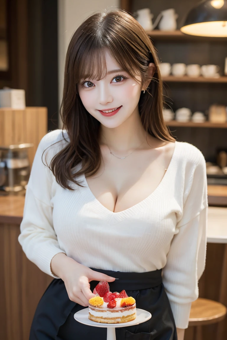 A stylish cafe that serves cakes , Highest quality, shape, Very detailed, In detail, High resolution, 8k wallpaper, Perfect dynamic composition, Beautiful details, Natural Lip, Cute outfits, Big Breasts, Cleavage, She is smiling in a cute pose.., A masterpiece of the whole body, Full Body Shot