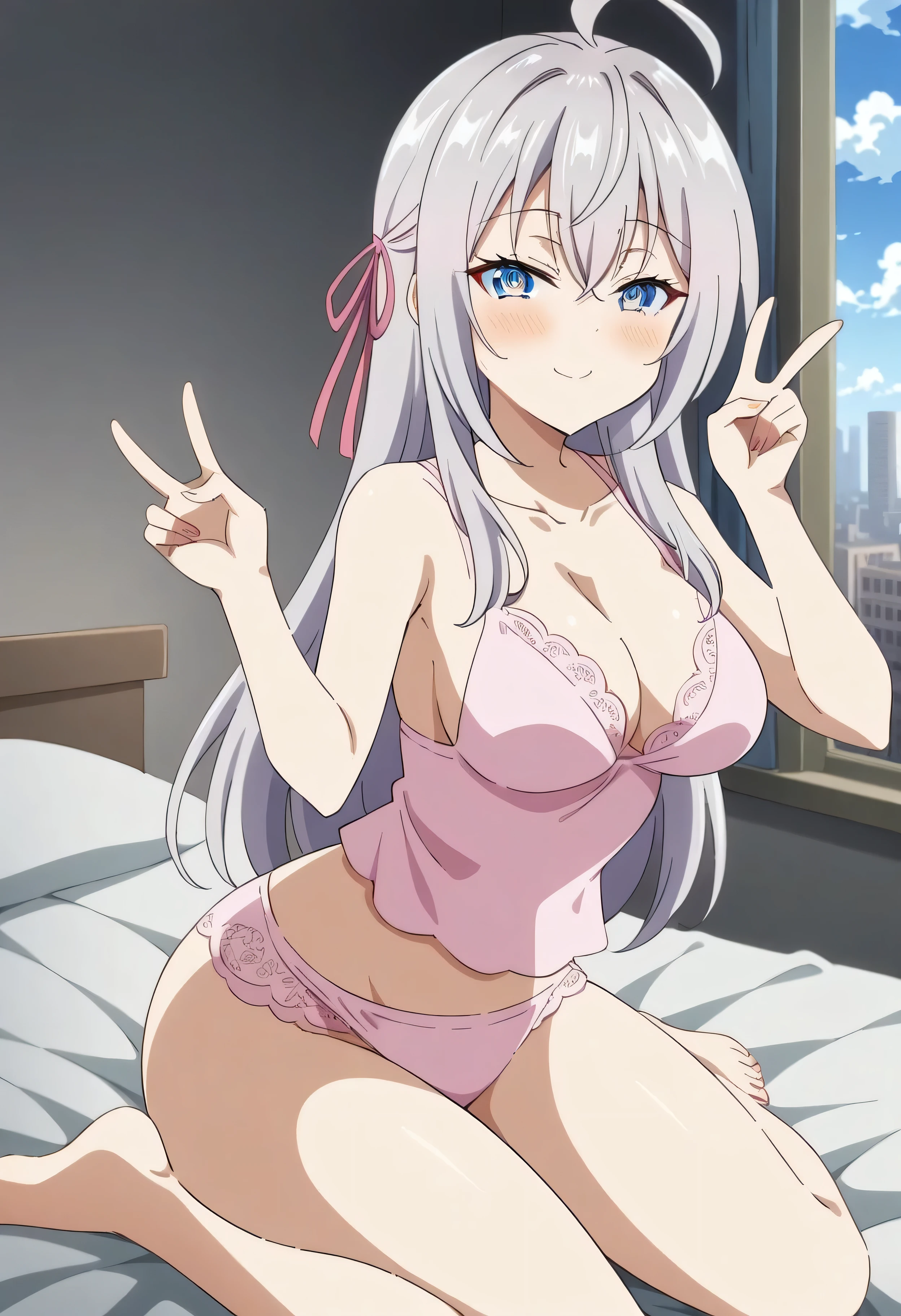 (anime art style:0.5), 2d, masterpiece, best quality, very aesthetic, absurdres, dynamic shadows, atmosferic, alisa_mikhailovna, (1girl), (grey hair), long hair, blue eyes, detailed eyes, ahoge, hair between eyes, bangs, medium breasts, curvy body, makeup, intense blush, cleavage, collarbone, (sexy smile), hair ribbon, pink lingerie, lace-trimmed lingerie, sexy smile, (upper body), wariza, (v), looking at viewer, indoors, on bed, city, clouds