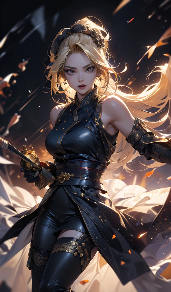 masterpiece, high quality, 4K, Beautiful design, silhouette,blonde, 非常に詳細な夜のStarry Sky,battlefield, wonderful, Finer details, Very knowledgeable woman, Highly detailed solo, 1 female,Big and aggressive,Blood splatter,killer,Night view,Starry Sky,full moon,