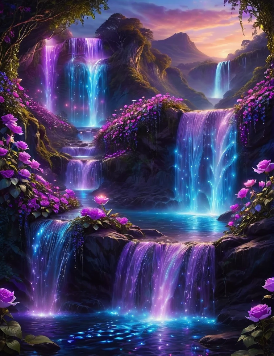 A bright violet|rosa|blue waterfall amongst strange magical flowers, evening, glowing fairy lights, magical, high quality a fairyland waterfall, realistic water, undulations, 8k