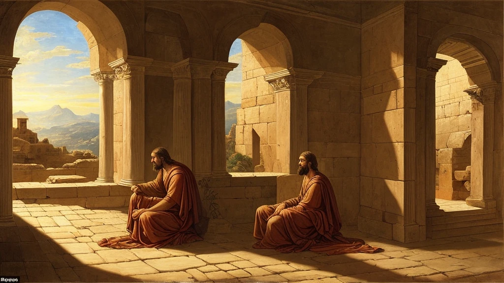 Cinematic, realistic portrayal of Pilate in his final days, solitary and contemplative, Roman villa setting, Pilate's aged and reflective demeanor, evening light, somber and peaceful atmosphere, historical details, 