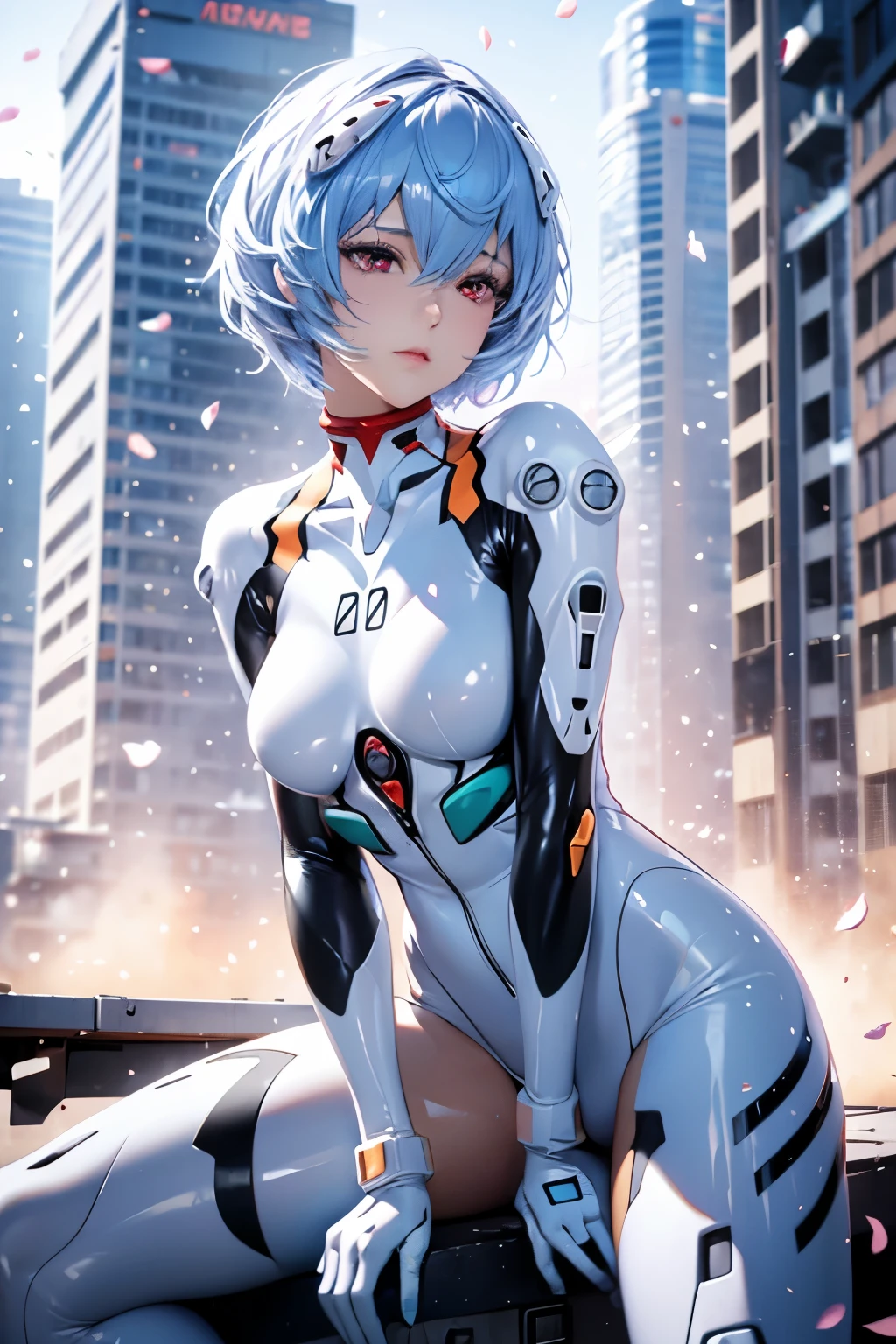 (Realistic, photoRealistic), ayanami, One Girl, Blue Short Hair, White hair ornament, (underwear), Sit on the ground, noon、Sexy pose、Buildings、(Cowboy Shot),(Tabletop, high quality, 最high quality), (colorful),(Delicate eyes and face), Volumetric Light, Ray Tracing, Highly detailed CG Unity 8k wallpaper,alone、((Fluttering petals)),Outdoor, ((cyber punk)), Cyber City, ((Neon Trim)),frontage,(Spread your legs)