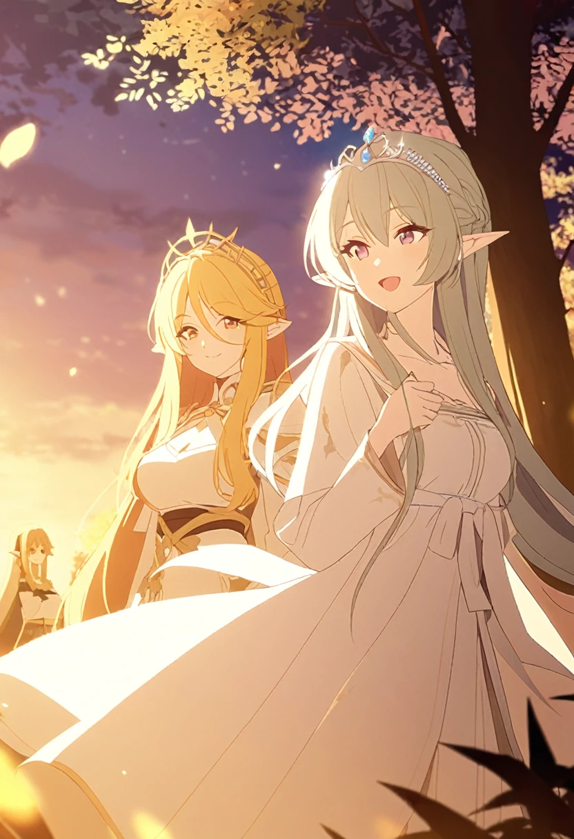 3 elf girls, white long robes, long straight hair, tiaras, smiles, Evening, golden forest