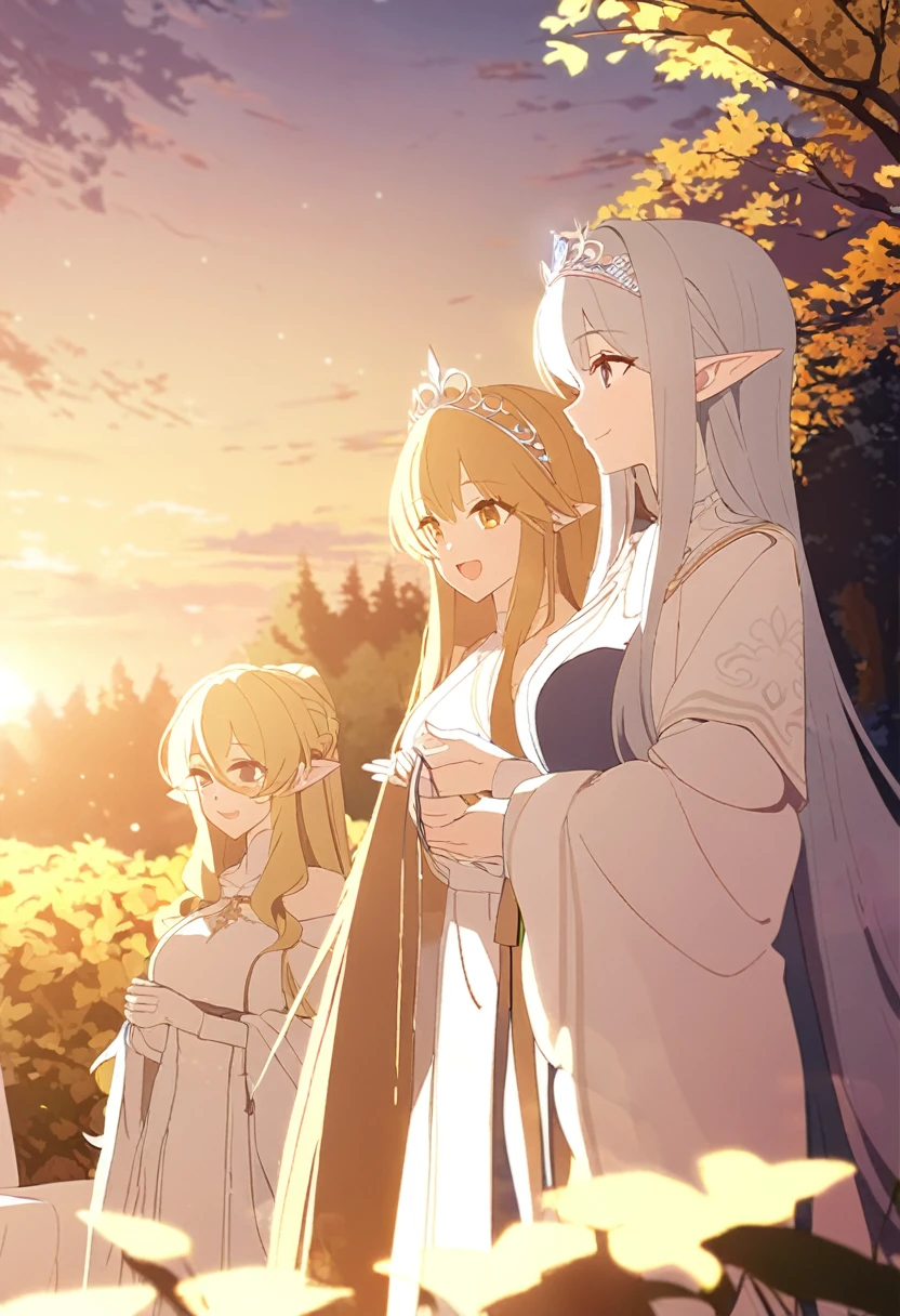 3 elf girls, white long robes, long straight hair, tiaras, smiles, Evening, golden forest