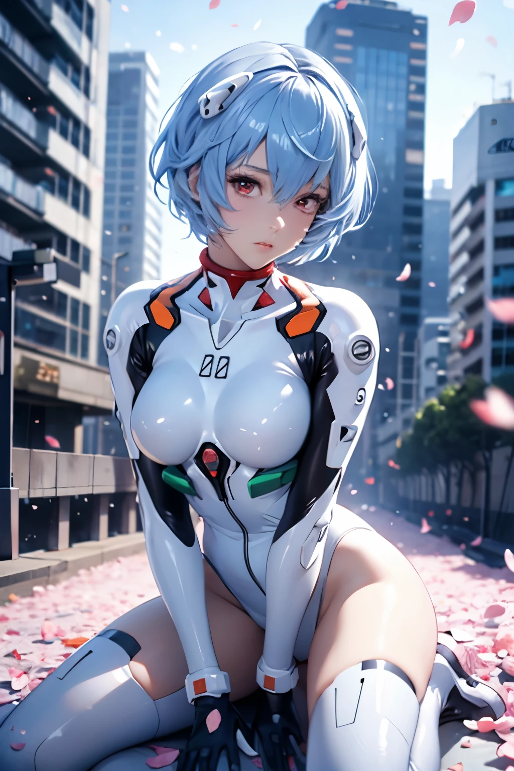 (Realistic, photoRealistic), ayanami, One Girl, Blue Short Hair, White hair ornament, (underwear), Sit on the ground, noon、Sexy pose、Buildings、(Cowboy Shot),(Tabletop, high quality, 最high quality), (colorful),(Delicate eyes and face), Volumetric Light, Ray Tracing, Highly detailed CG Unity 8k wallpaper,alone、((Fluttering petals)),Outdoor, ((cyber punk)), Cyber City, ((Neon Trim)),frontage,(Spread your legs)