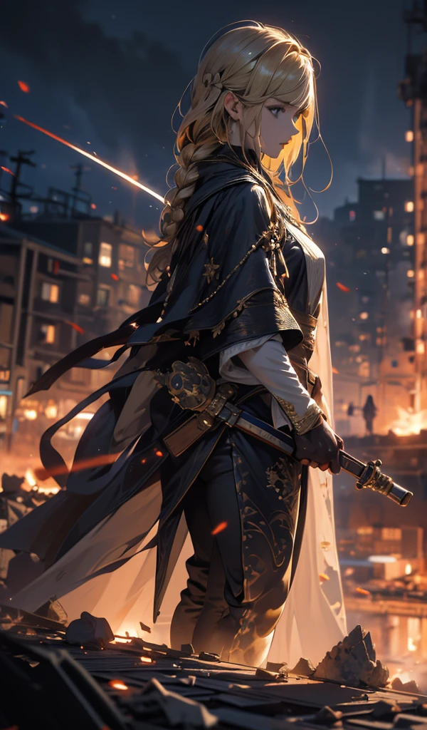 masterpiece, high quality, 4K, Beautiful design, silhouette,blonde, Highly detailed night starry sky,battlefield, wonderful, Finer details, Very knowledgeable woman, Highly detailed solo, 1 female,Big and aggressive,Wizard,Burning City,Crumbling Building,