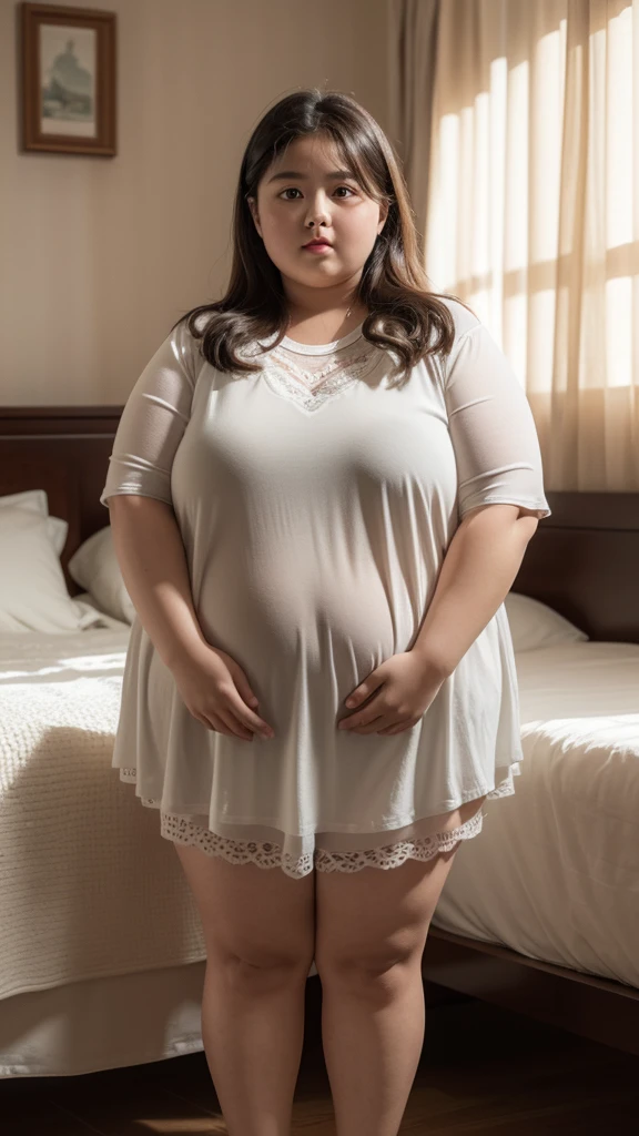 a 10 year old obese girl, chubby cheeks, round face, double chin, thick arms and legs, wearing a , standing in a bed, realistic, detailed, highly detailed, intricate details, photorealistic, 8k, masterpiece, cinematic lighting, dramatic shadows, vibrant colors