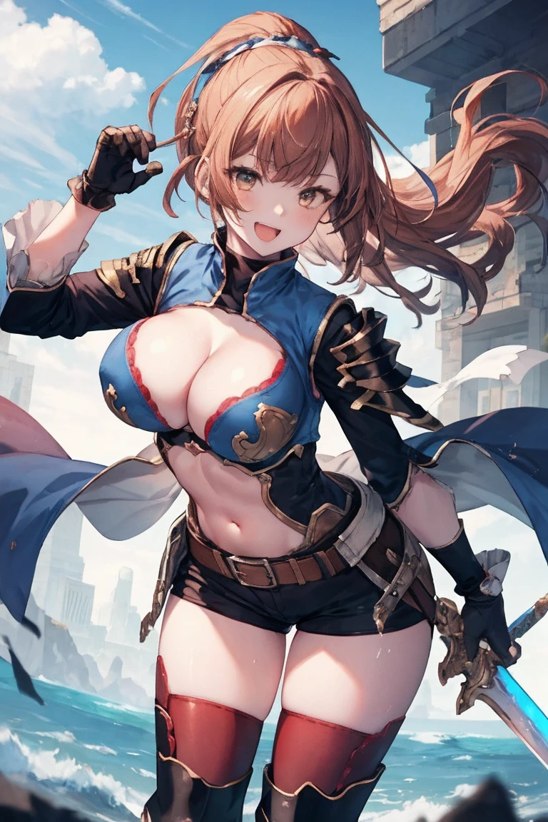 masterpiece, best quality, defbeatrix, ponytail, hair ribbon, gauntlets, blue shirt, gloves, cleavage cutout, belt, short shorts, thigh boots,, looking at viewer, big_smile, large breasts, sky ,open_legs,happy,covered_nipples,covered_pussy,young_,open_mouth,shout,full_of_beans,dynamic_posing, fighting,open_legs,1long_sword,laugh,(abs:0.7),hand_on_waste