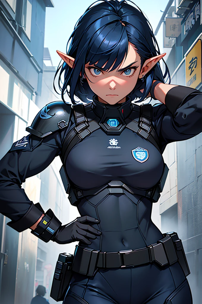 Create high quality images featuring an elf girl with dark navy blue hair and straight bangs. She is a member of the police special forces.。Aggressive pose。Aggressive facial expression。Have a lightsaber.。The background must depict a city inside a dome, Next to her is a black armored vehicle.