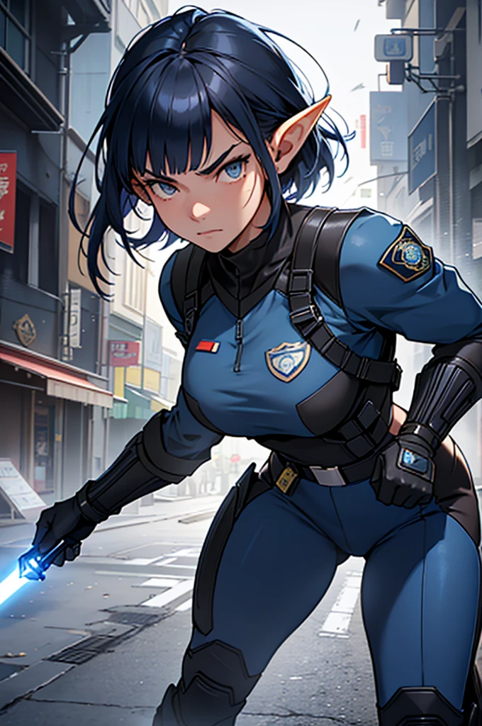 Create high quality images featuring an elf girl with dark navy blue hair and straight bangs. She is a member of the police special forces.。Aggressive pose。Aggressive facial expression。Have a lightsaber.。The background must depict a city inside a dome, Next to her is a black armored vehicle.