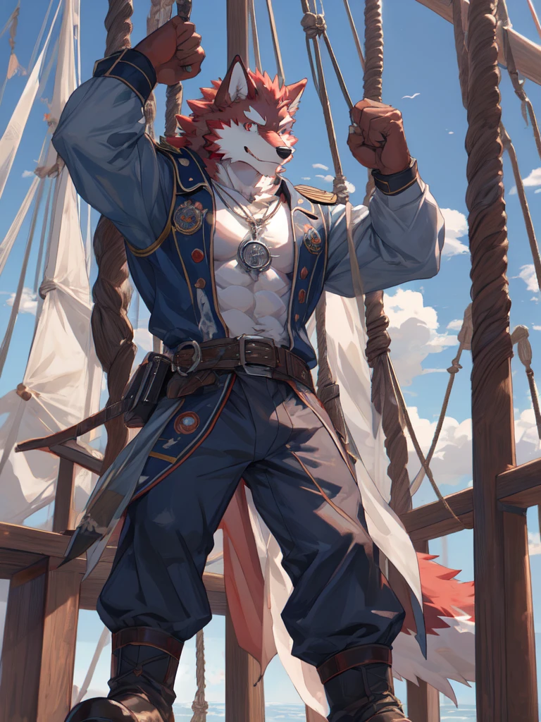 Best quality, diederich olsen (/knights college/), wolf, kemono, nj5furry, Red Fur, Red eyes, Medium Muscular Body, Solo, A sailor, on the ship, climb on the mast, excited pose, Looking into the distance, smile, Fierce eyes, full body,