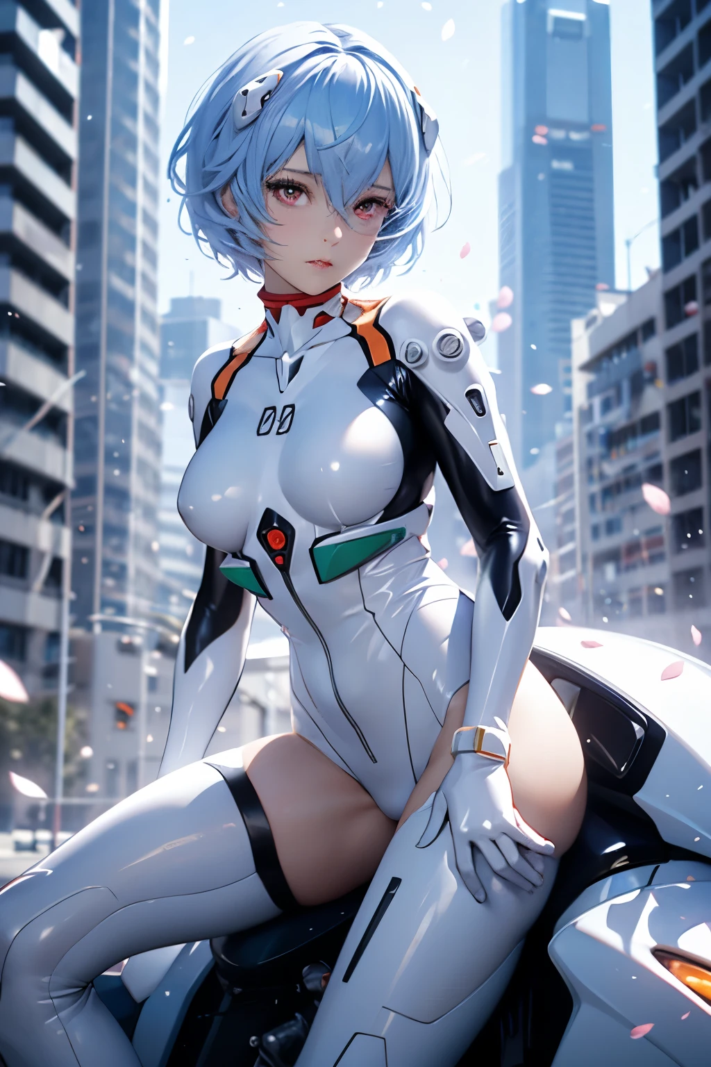 (Realistic, photoRealistic), ayanami, One Girl, Blue Short Hair, White hair ornament, (underwear), Sit on the ground, noon、Sexy pose、Buildings、(Cowboy Shot),(Tabletop, high quality, 最high quality), (colorful),(Delicate eyes and face), Volumetric Light, Ray Tracing, Highly detailed CG Unity 8k wallpaper,alone、((Fluttering petals)),Outdoor, ((cyber punk)), Cyber City, ((Neon Trim)),frontage,(Spread your legs)