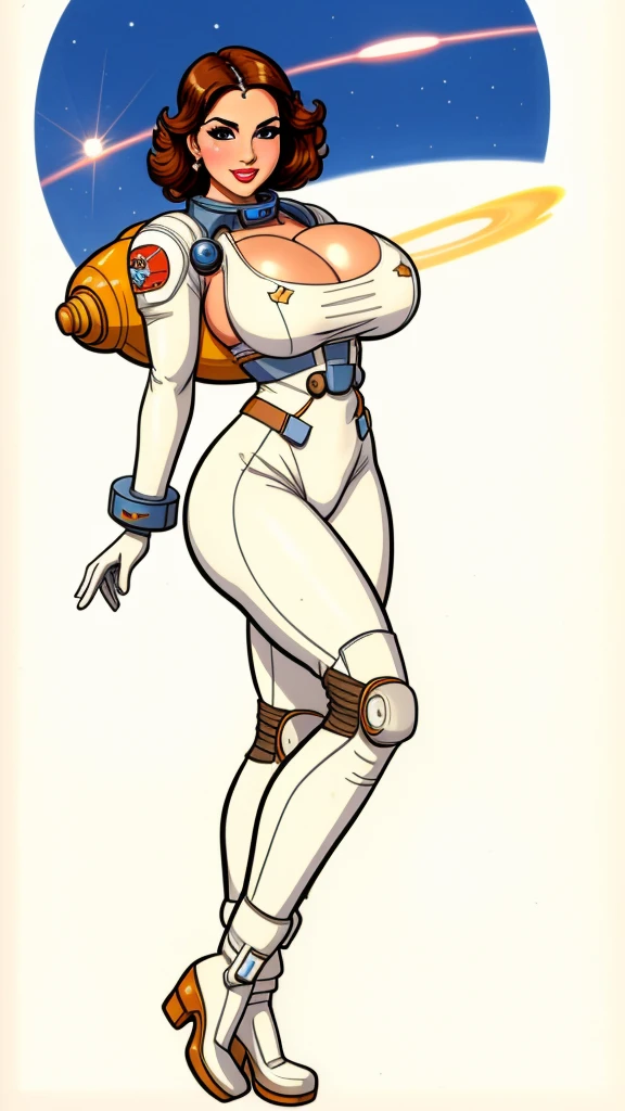 pretty woman,Sunny Leone, large breasts, rubenesque, space suit, white background, blank background,  pinup. dieselpunk