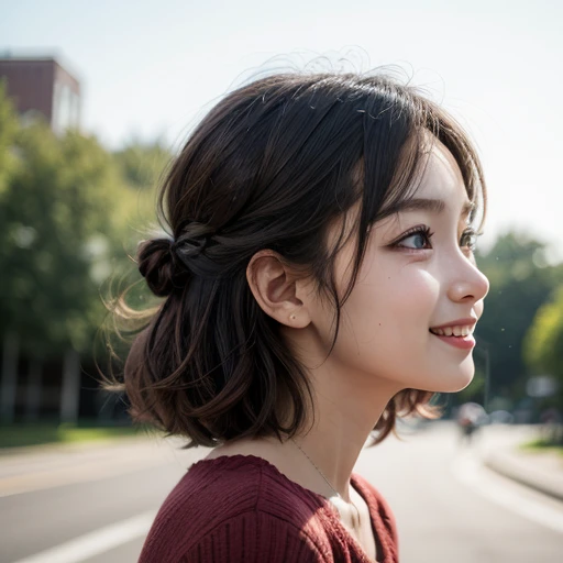 Girl in profile with a medium face, with big eyes, pretty and smiling