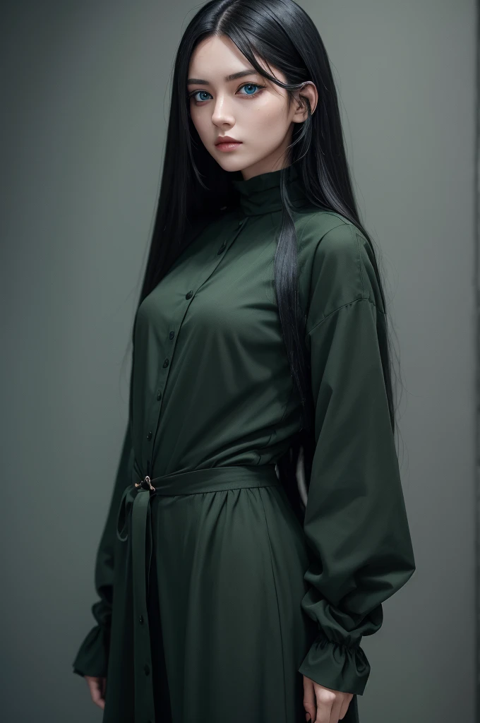 A woman with long loose black hair wearing a dark green outfit and blue eyes 