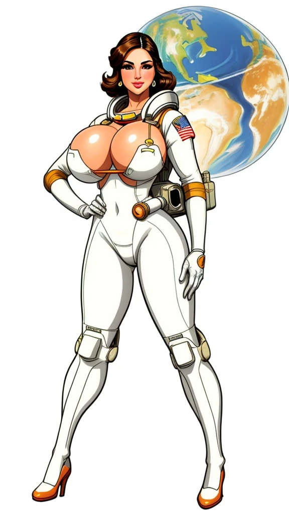 pretty woman,Sunny Leone, large breasts, rubenesque, space suit, white background, blank background, Retrofuturism, dieselpunk