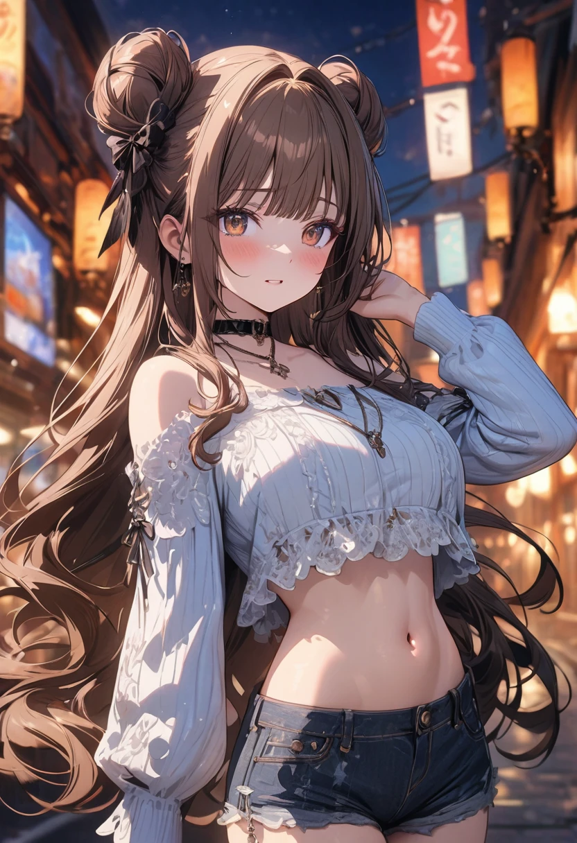 (masterpiece), best quality, very aesthetic, newest, absurdres, detailed, high quality
BREAK
highest quality, top quality, details, highres, ultra fine painting, digital art, official art, cinematic, 4k, 8k resolution, 8K CG wallpaper, CG, original artwork, detailed background, colorful background, blue atmosphere, High Dynamic Range, blurry background, blue hour, Starburst effects, crepuscular rays, good ISO, high resolution, wide shot, from far away, RAW photo, POV, sharp focus, light reflection, reflections, intricate details, soft light, particle noise, professional photography, bokeh, depth of field, natural lighting, vibrant colors, looking away, detailed lights and shadows, stylish, ultra-detailed, top rated on Pixiv, trending on Artstation, niji style, modern-days, master crafted, pose
BREAK
solo, (close up), 1girl, pale skin, correct fingers, detailed hand, (big breasts:1.2), big thighs, small torso, short body, flushtered, shy, blush, anxious expression, embarassed, embarassed act, casual, slim, ((cute, childlike face):1.3), nice hips, nice body, brown hair, (very long flowing hair), (big 2 buns hairstyle)), long bangs, long hair, middle hair bangs, brown eyes
BREAK
(loose-fitting crop shirt, long sleeve, denim shorts, choker, casual wear style, tummy skin, detailed tummy skin, belly button, modern fashion)
BREAK
Empty streets background, anime background, quiet street, street lamps, sky