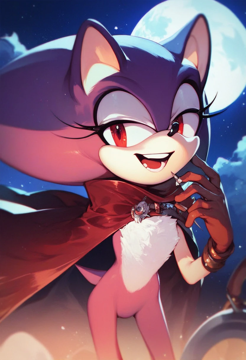 needlemouse, solo, smile, open mouth, red eyes, 1girl, female focus, sky, cape, no humans, night, moon, furry female, , flat color, sonic the hedgehog, two-tone fur, no outlines