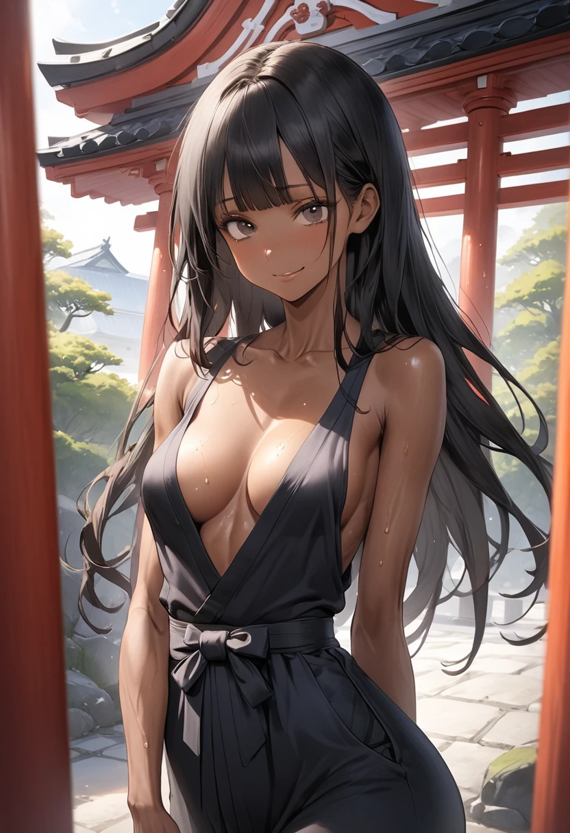 (masterpiece,Highest quality:1.3,best quality illustration),cowboy shot,1woman,(Mature Japan beauties)、black hair,long hair,bangs,black eyes,gorgeous eyes,((very small head:1.3)),shy,smile,((very long body:1.2)),medium breasts,(tan skin, gleaming skin,toned body,slender body, skinny),sweat,(Black kimono、Open chest、Black Hakama),standing,shrine、