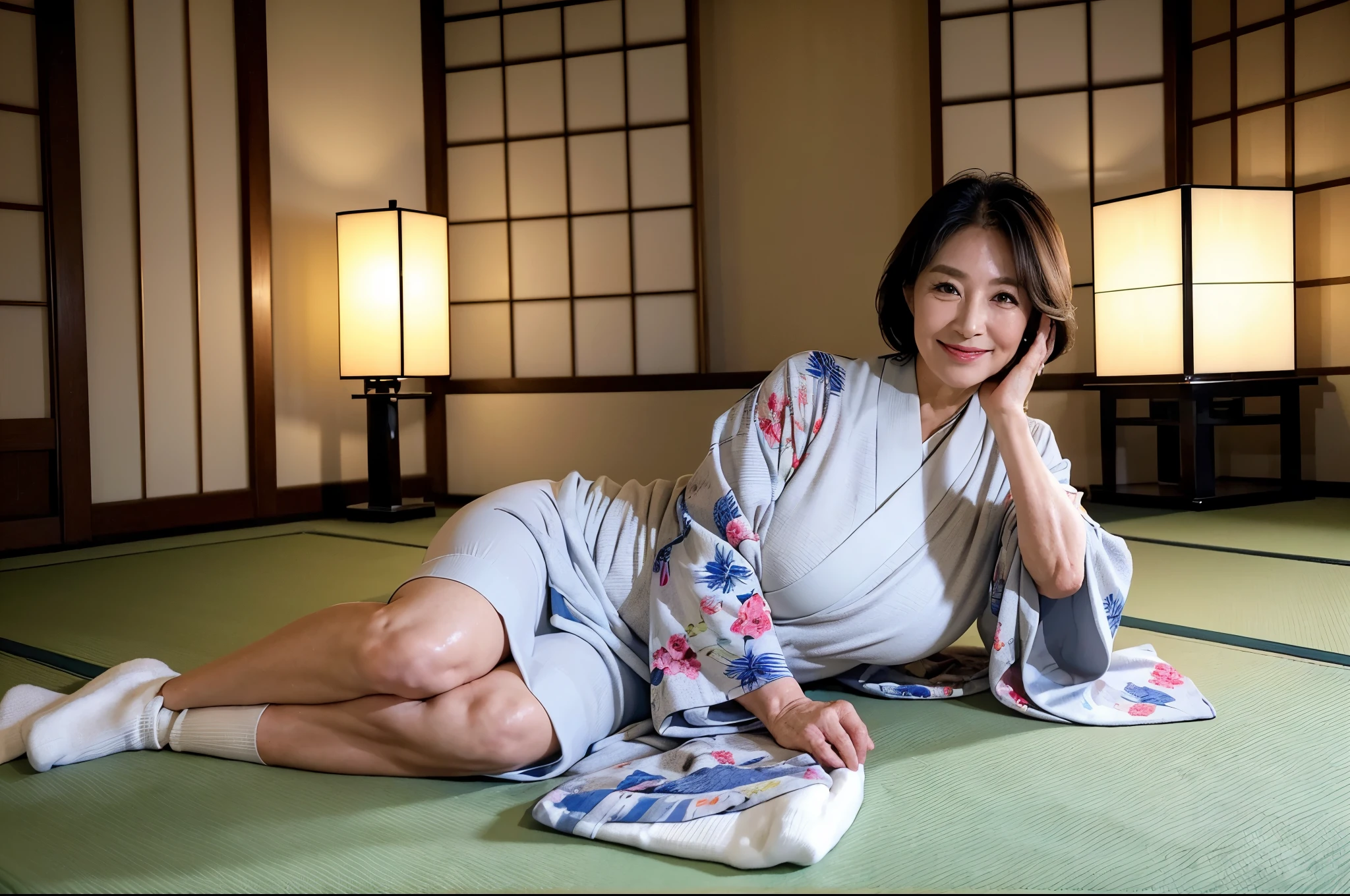 (masterpiece:1.4),(62-year-old woman:1.5),(facial wrinkles : 1.2),seductive smile, (mid-length hair : 1), (wearing gorgeous kimono), (white traditional japanese socks), beautiful Mature Woman, plump legs, (focus on calf), traditional japanese room, detailed background