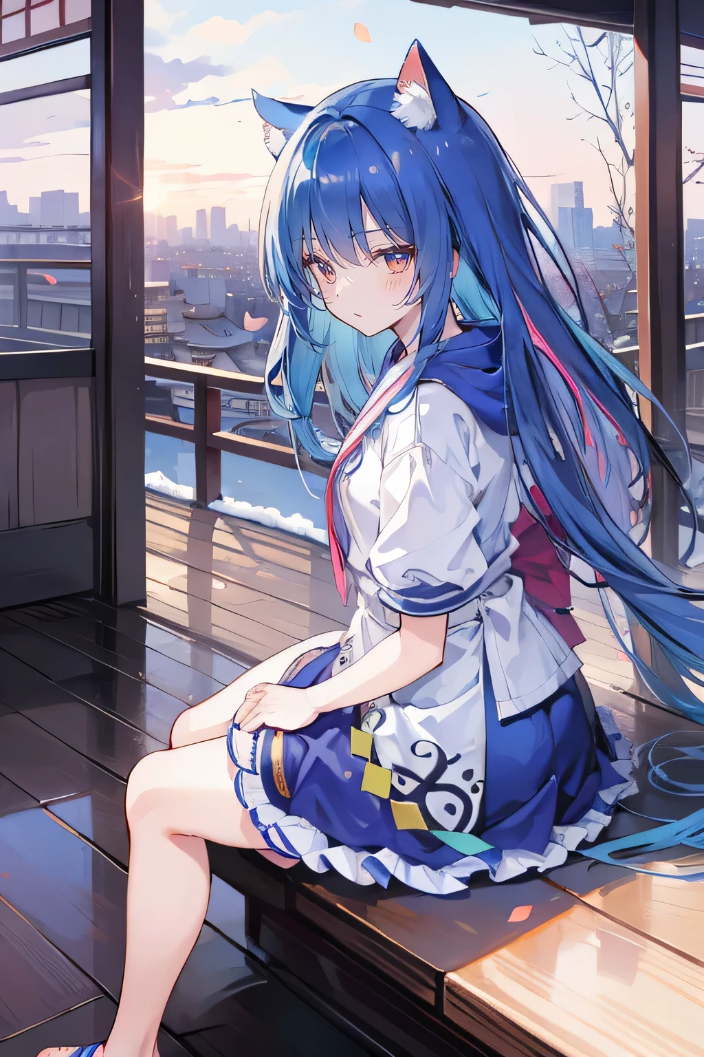 (masterpiece:1.2),Super detailed,lifelike,Expressive eyes,fair skin,perfect face shape,1 girl,
Japanese comics,Gorgeous blue hair,flowing blue hair,flowing clothes,Cat ears,Petals fall,beautiful lola,Baby Angel,
Cross your legs,Gentle and peaceful background,The pavilion is cool and comfortable,smile, wearing hoodie, background of tokyo,back views,snowing, winter,sunrise.
