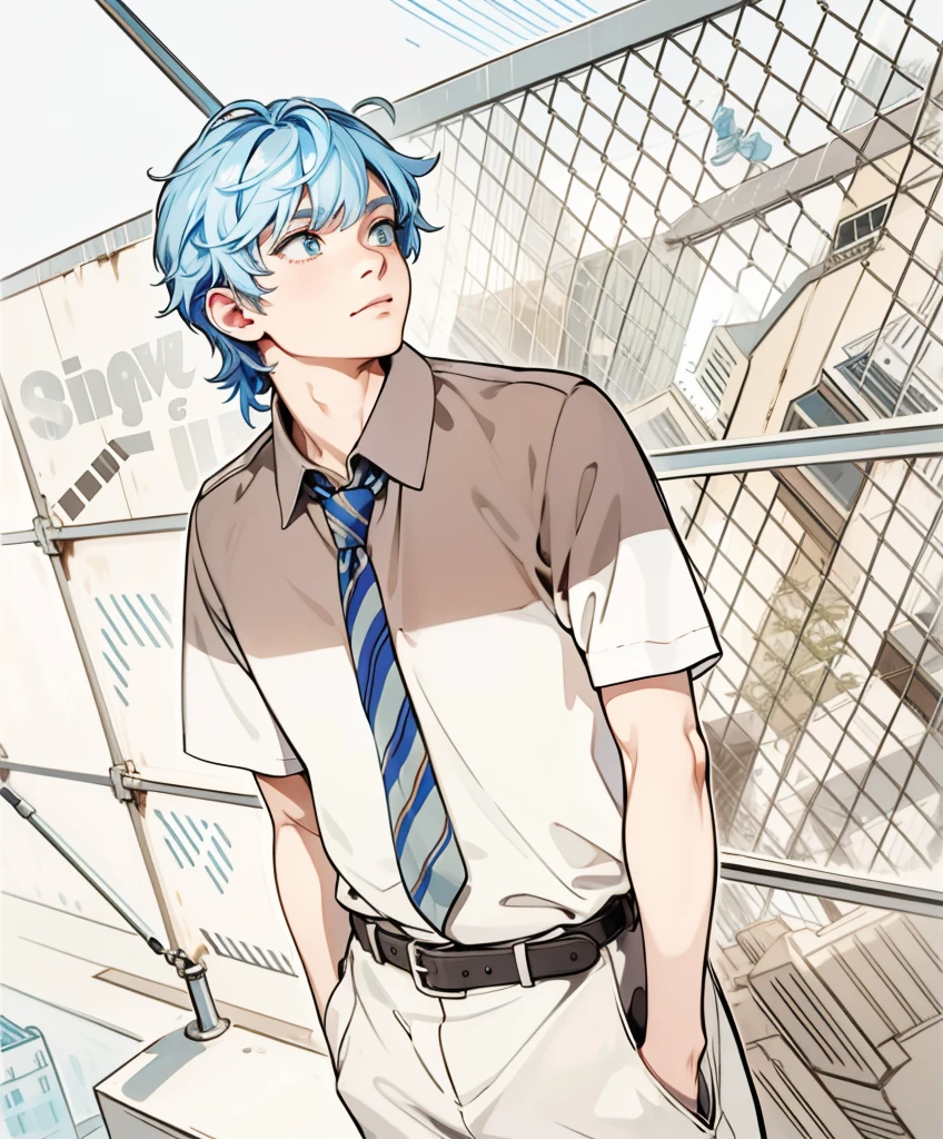In the background there is a city, it is on top of its school looking curious and thoughtful. The city has blue hair and its eyes are blue.