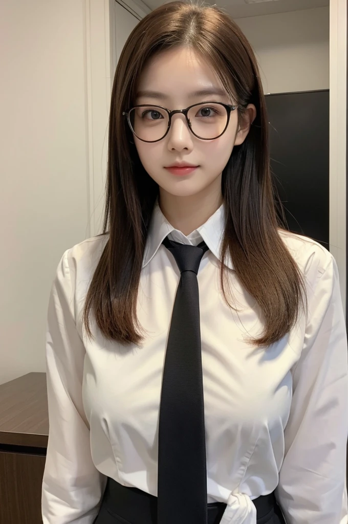 1girl, masterpiece, high_quality, office_uniform, glasses, brown_hair, white_shirt, black_necktie