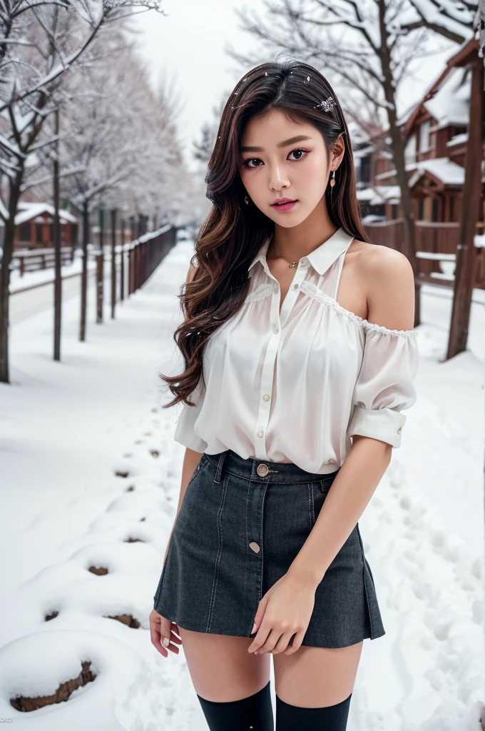 Seolhyun (KPop star), very classy, flirting with the camera, heart-shaped pupils, beautiful hair, flirty, makeup, sexy blouse, short skirt, knee high socks, outside, winter, snow, 135mm, Canon, f/16, UHD, anatomically correct, masterpiece, textured skin, super detail, high details, high quality, highres, 8k.