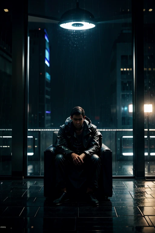 man sitting on chair while raining , in a futuristic city observing the sky where you can see planets