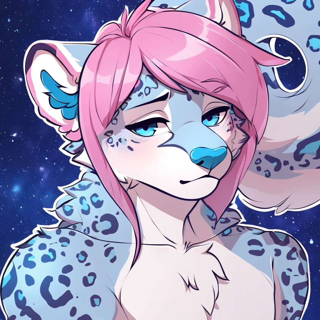 adult, feline, mammal, anthro, anthropomorphic, snow_leopard, striped, fur, striped_feline, fur, furred_anthro, femboy, male, light_pink, purple_hair, pink_hair fluffy, long_tail, blue_nose, expressive eyes, feline_ears, pink_hair, blue_fur, light_blue_chest, shy, small_pupils, spotted_pattern, stripes, digital_art, high_resolution, high_res, hand-drawn, pencil_lines, head_visible, background, neck_visible, seductive_face, blue_galaxy_background, white_outline, detailed_line_work, profile_picture, head_visible,
