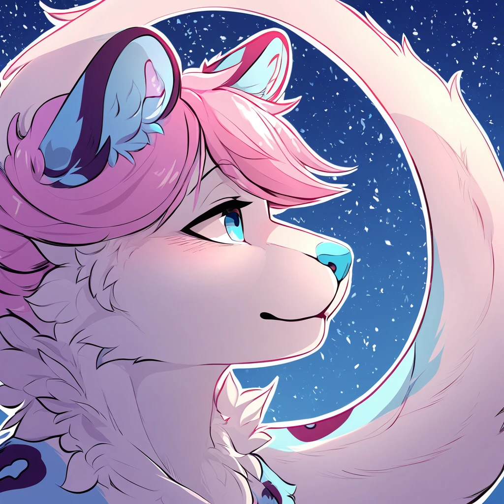 adult, feline, mammal, anthro, anthropomorphic, snow_leopard, striped, fur, striped_feline, fur, furred_anthro, femboy, male, light_pink, purple_hair, pink_hair fluffy, long_tail, blue_nose, expressive eyes, feline_ears, pink_hair, blue_fur, light_blue_chest, shy, small_pupils, spotted_pattern, stripes, digital_art, high_resolution, high_res, hand-drawn, pencil_lines, head_visible, background, neck_visible, seductive_face, blue_galaxy_background, white_outline, detailed_line_work, profile_picture, head_visible,
