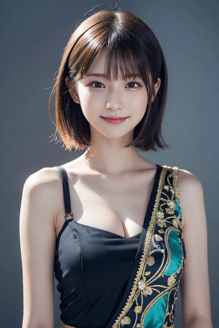 1 girl,(wearing colorful stage costume:1.2),very beautiful japanese idol portrait,close up of face,(RAW photo,best quality),(real,realistic:1.4),(masterpiece),very delicate and beautiful,very detailed,2k wallpaper,amazing,finely detailed,highly detailed CG Unity 8K wallpaper,very detailed,high resolution,soft light,beautiful detailed girl,very detailed eyes and face,beautiful refined nose,finely beautiful eyes,cinema lighting,(simple light color background:1.3),(short hair),(bob),full anatomy,slender body,small breasts,smiling