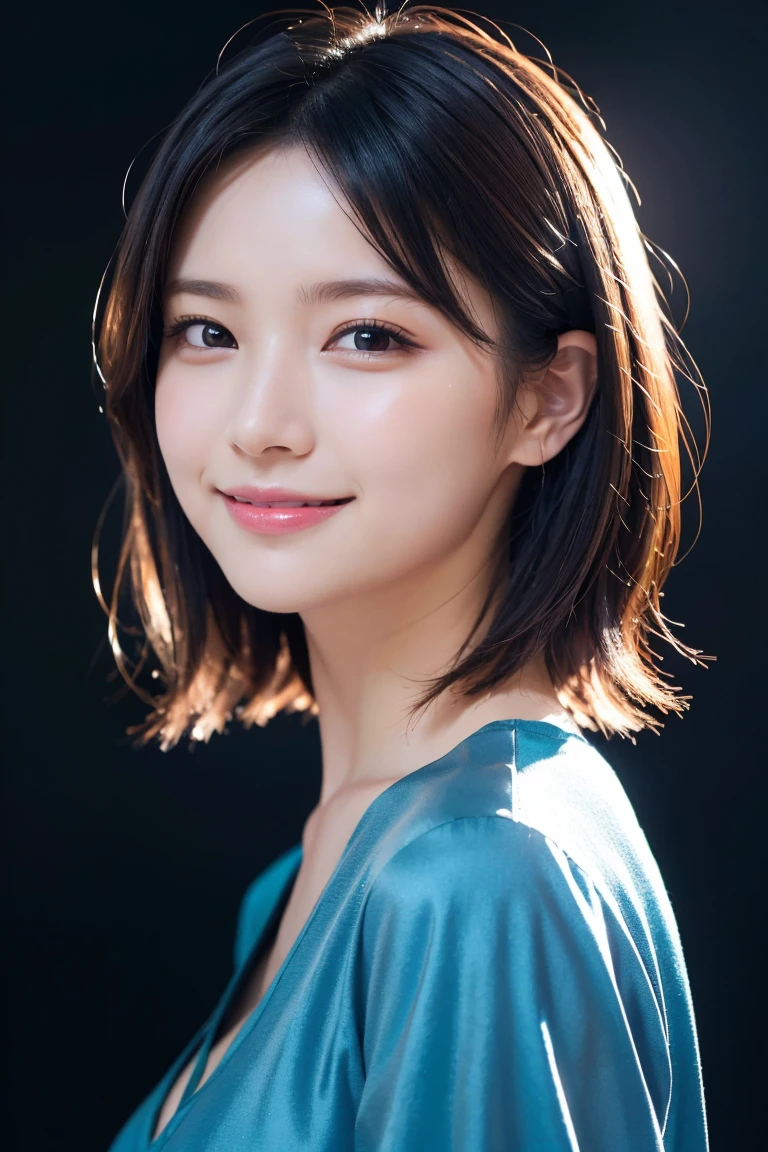 1 girl,(wearing colorful stage costume:1.2),very beautiful japanese idol portrait,close up of face,(RAW photo,best quality),(real,realistic:1.4),(masterpiece),very delicate and beautiful,very detailed,2k wallpaper,amazing,finely detailed,highly detailed CG Unity 8K wallpaper,very detailed,high resolution,soft light,beautiful detailed girl,very detailed eyes and face,beautiful refined nose,finely beautiful eyes,cinema lighting,(simple light color background:1.3),(short hair),(bob),full anatomy,slender body,small breasts,smiling