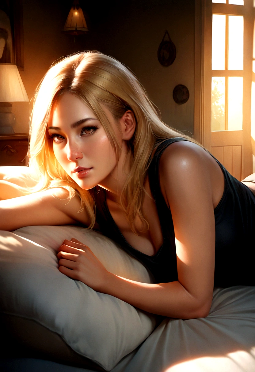 blonde, sleeveless shirt, attractive, provocative, house, warm light, room, Side light, detailed face, detailed nose, woman in tank top, Realism, realistic, RAW, analog, woman, Full length photo, Lying on the bed, underwear