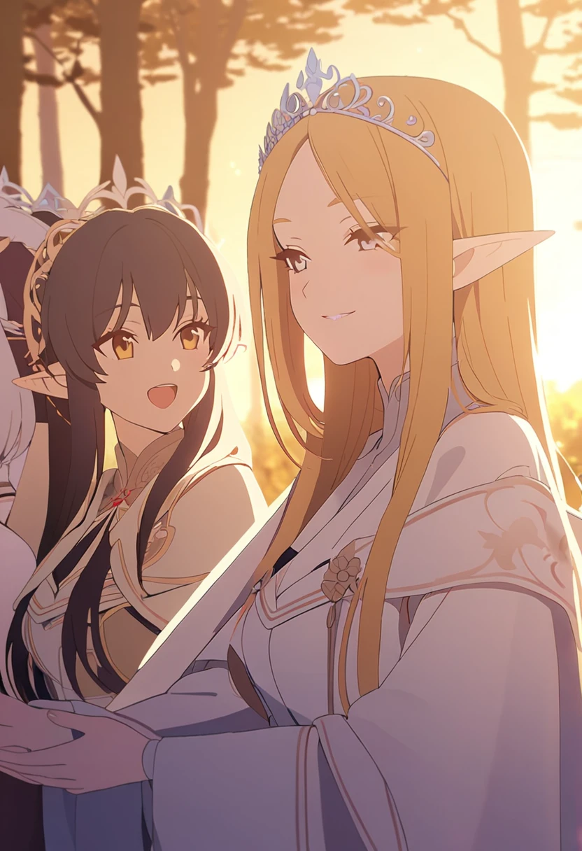 3 elf girls, white long robes, long straight hair, tiaras, smiles, Evening, golden forest