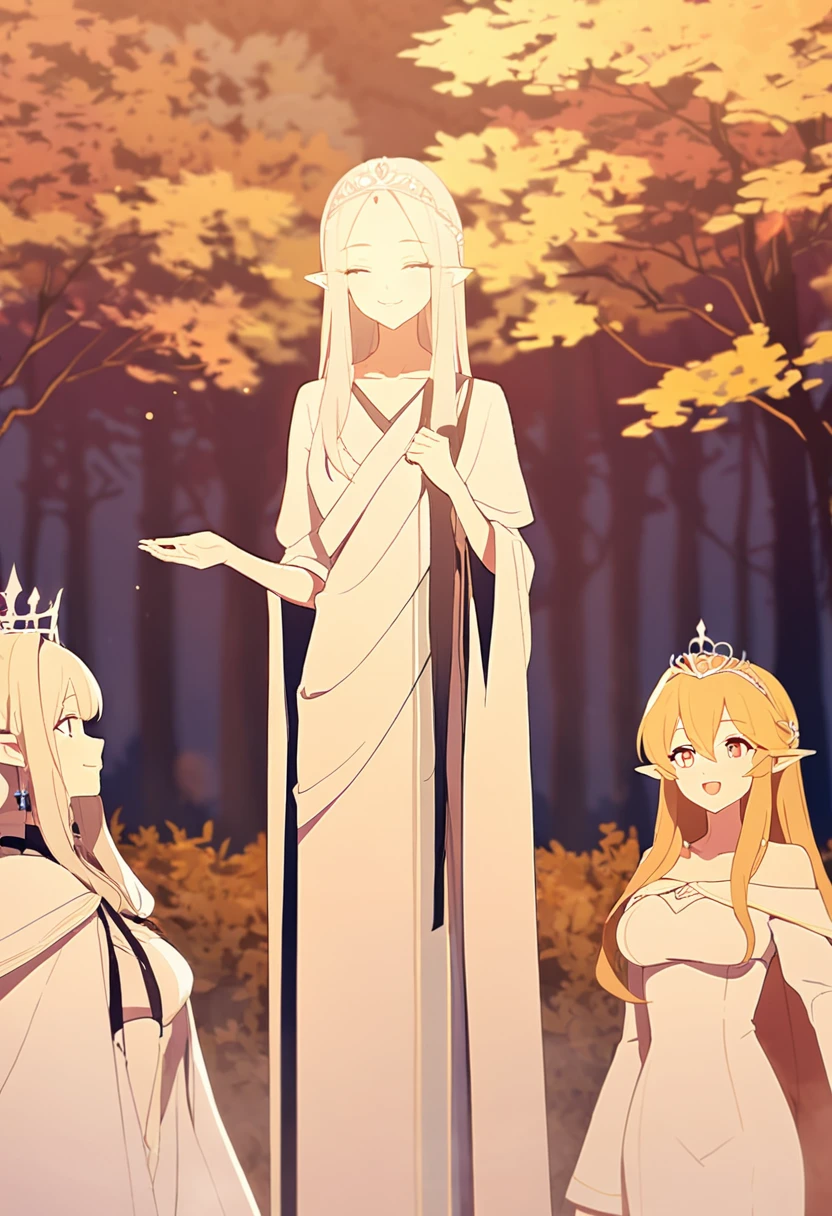 3 elf girls, white long robes, long straight hair, tiaras, smiles, Evening, golden forest