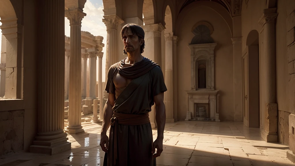 Cinematic, realistic portrayal of Pilate in his final days, solitary and contemplative, Roman villa setting, Pilate's aged and reflective demeanor, evening light, somber and peaceful atmosphere, historical details,