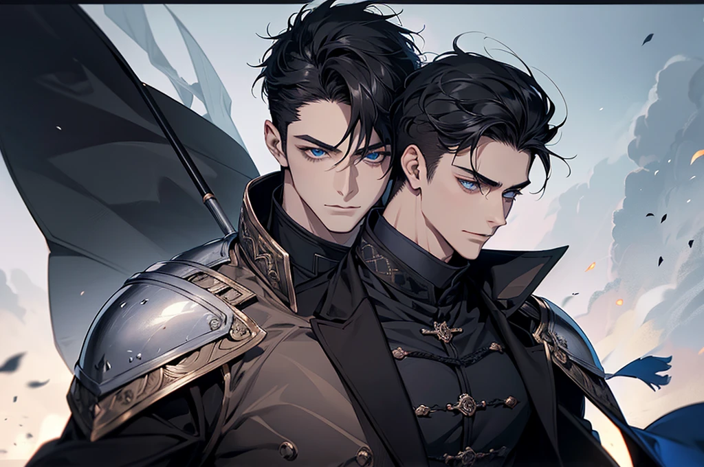 There was a knight up there., Masterpiece, Highest quality, war, cold weather, realistic, 1 person, mature man, A quiet and charming young man., 30 years old, Portrait, Highly detailed face, cool and smile, ((blue eyes)), ((black short hair)), [Thick eyebrows], holding a weapon (Crescent repeater),Lipo,Fang Tian Hua Ji, ((black long coat)), ((all black)), (blue eyes) ,Short Black Quiff Hair with Soft Fringe, handsome , muscle, Facial expressions, black knight armor ,Fang Tian Hua Ji, black wool shawl(Masterpiece,best quality,special, (Broad shoulders)) (muscle), focus man,holding a spear to pierce the sky, His black spear rose.., . Describe the man.&#39;Appearance., Details of his sword, Characteristics and characteristics of monsters, and convey the tension and power of the encounter..."