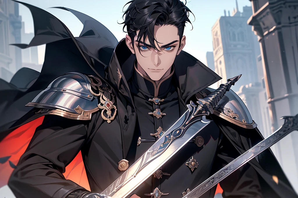 There was a knight up there., Masterpiece, Highest quality, war, cold weather, realistic, 1 person, mature man, A quiet and charming young man., 30 years old, Portrait, Highly detailed face, cool and smile, ((blue eyes)), ((black short hair)), [Thick eyebrows], holding a weapon (Crescent repeater),Lipo,Fang Tian Hua Ji, ((black long coat)), ((all black)), (blue eyes) ,Short Black Quiff Hair with Soft Fringe, handsome , muscle, Facial expressions, black knight armor ,Fang Tian Hua Ji, black wool shawl(Masterpiece,best quality,special, (Broad shoulders)) (muscle), focus man,holding a spear to pierce the sky, His black spear rose.., . Describe the man.&#39;Appearance., Details of his sword, Characteristics and characteristics of monsters, and convey the tension and power of the encounter..."