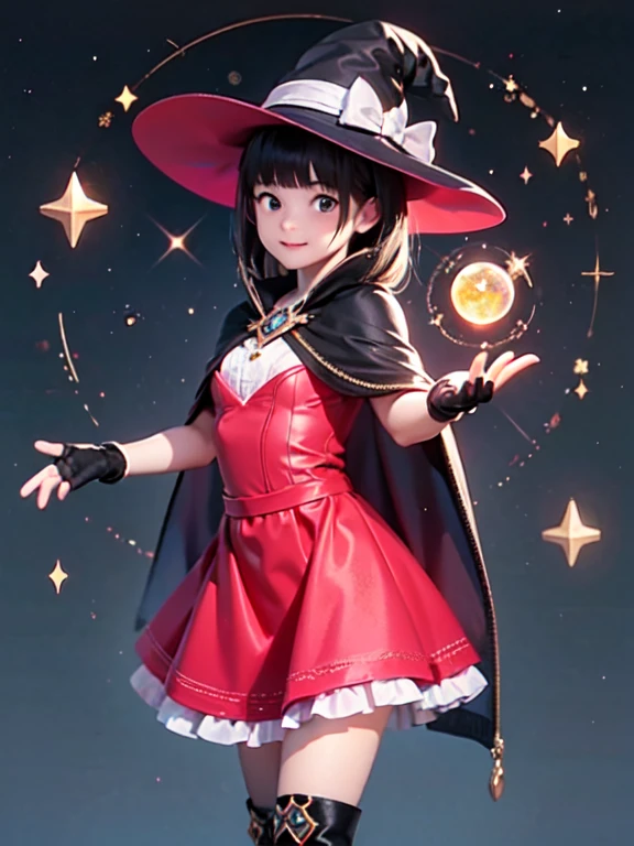 (masterpiece, Highest quality:1.1), (astrologer), upper body, 1 Girl, alone, witch hat, gloves, dress, (Long skirt)、Frills, boots, Cape,  witch, Blunt bangs, Black Hair, Crystal Ball, magic circle, Shining Star, meteor, universe, magical energy, Vision of the future, Prophecy,