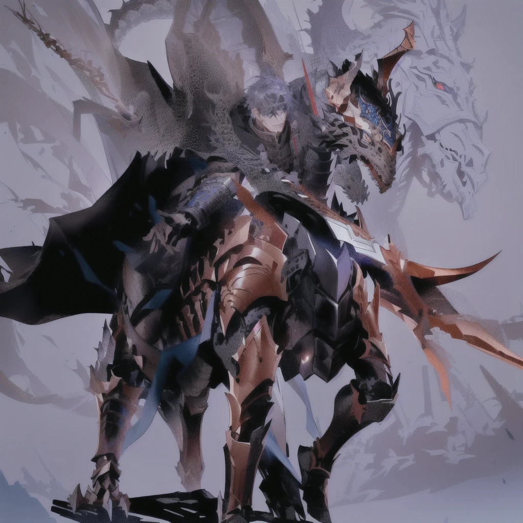 Close-up of a statue of a man on horseback., Full plate of ancient dragon armor, dragon knight, Armor inspired by a demon dragon., Spiderman in full samurai armor, Mysterious Anubis Valkyrie, 😱 Chaos · Nightmare Resin, By Kano Tanyu, Dragon made from machine parts, Ornate armor covered in thorns, A heavily armored mech dragon., Dragon-looking armor , Close-up of a statue of a man on horseback., Full plate of ancient dragon armor, dragon knight, Armor inspired by a demon dragon.,มีชายคนหนึ่งride a horseและมีอัศวินอยู่บนนั้น, Masterpiece, Highest quality, war, Cold Weather, realistic, 1 person, mature man, A quiet and charming young man, 30 years old, ride a horse, Portrait, Highly detailed face, 寒さと smile, ((blue eyes)), ((black short hair)), [Thick eyebrows], holding a crescent repeater,Lipo, ((black long coat)), ((all black)), (blue eyes) ,Short Black Quiff Hair with Soft Fringe, handsome , muscle, Facial expressions, Black Knight Armor , black fur shawl(Masterpiece,best quality,special, (Broad shoulders)) (muscle), male focus,ride a horse,black two handed sword, His black lance rose high., . Describe the man&#39;s appearance., Details of his sword, Characteristics and characteristics of monsters, and convey the tension and power of the encounter.."